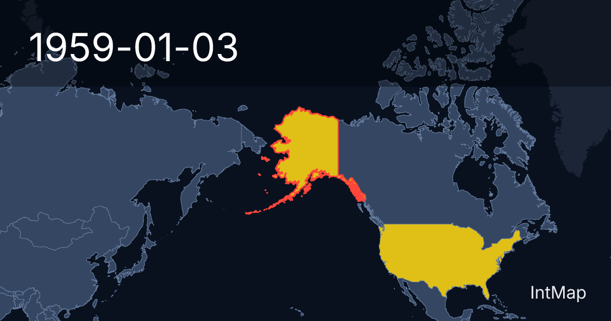 The map on 1959-01-03: The map stops drawing Alaska (USA); new borders for United States