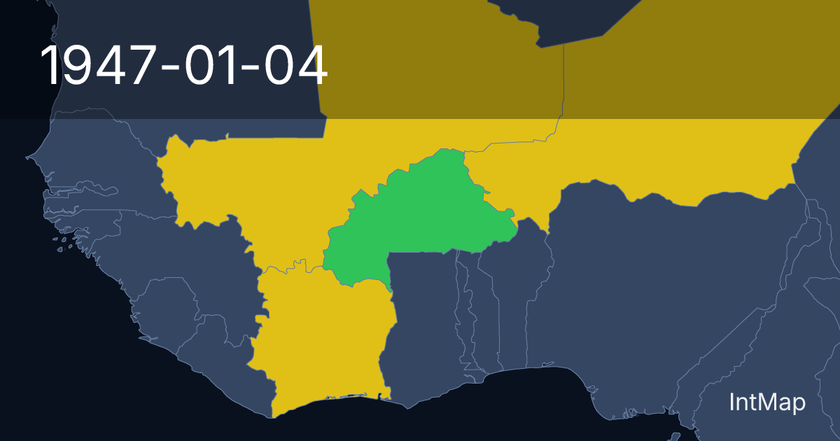 The map on 1947-01-04: The map begins drawing Upper Volta (France); new borders for French Sudan (France), Niger (France), Cote d'Ivoire (France)