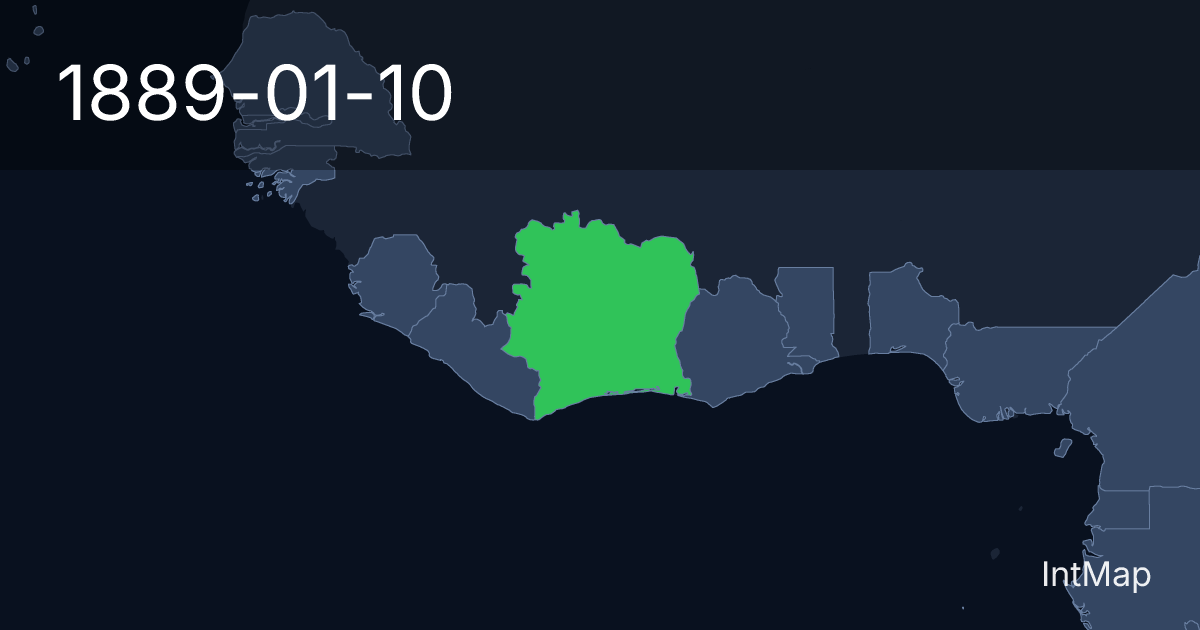 The map on 1889-01-10: The map begins drawing Cote d'Ivoire (France)
