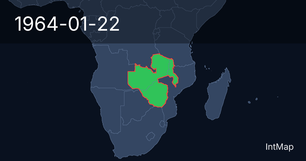 The map on 1964-01-22: The map begins drawing Zambia, Southern Rhodesia (UK), Nyasaland (UK); the map stops drawing Federation of Rhodesia and Nyasaland