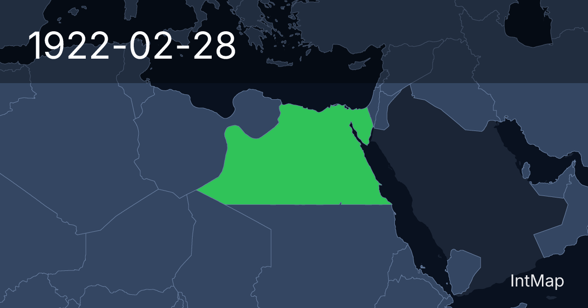 The map on 1922-02-28: The map begins drawing Kingdom of Egypt; the map stops drawing Egypt (UK)