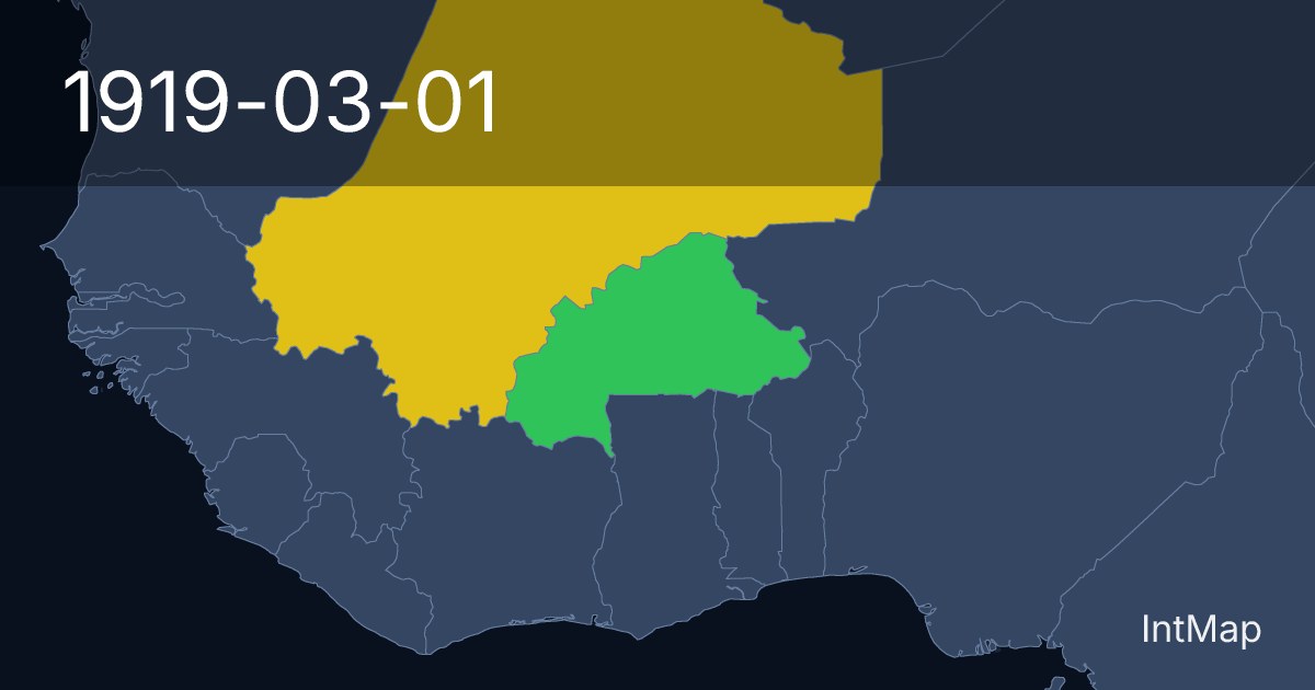 The map on 1919-03-01: The map begins drawing Upper Volta (France); new borders for French Sudan (France)