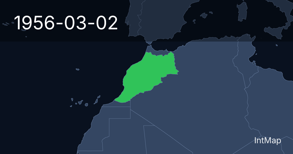 The map on 1956-03-02: The map begins drawing Morocco; the map stops drawing Morocco (France)