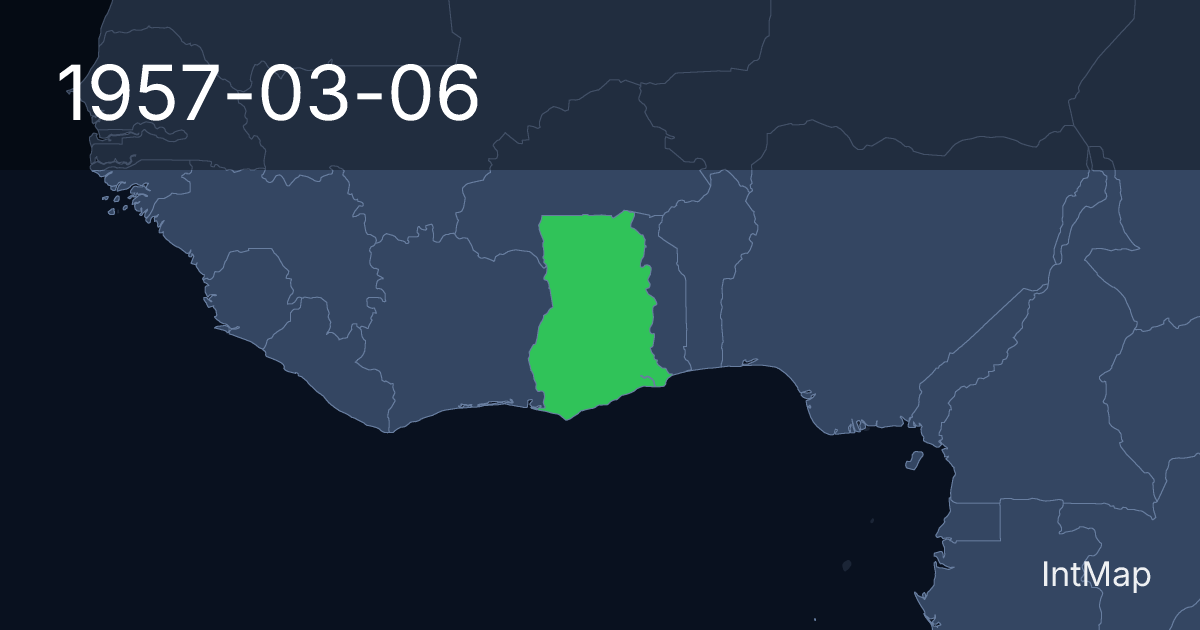 The map on 1957-03-06: The map begins drawing Ghana; the map stops drawing Gold Coast (UK)