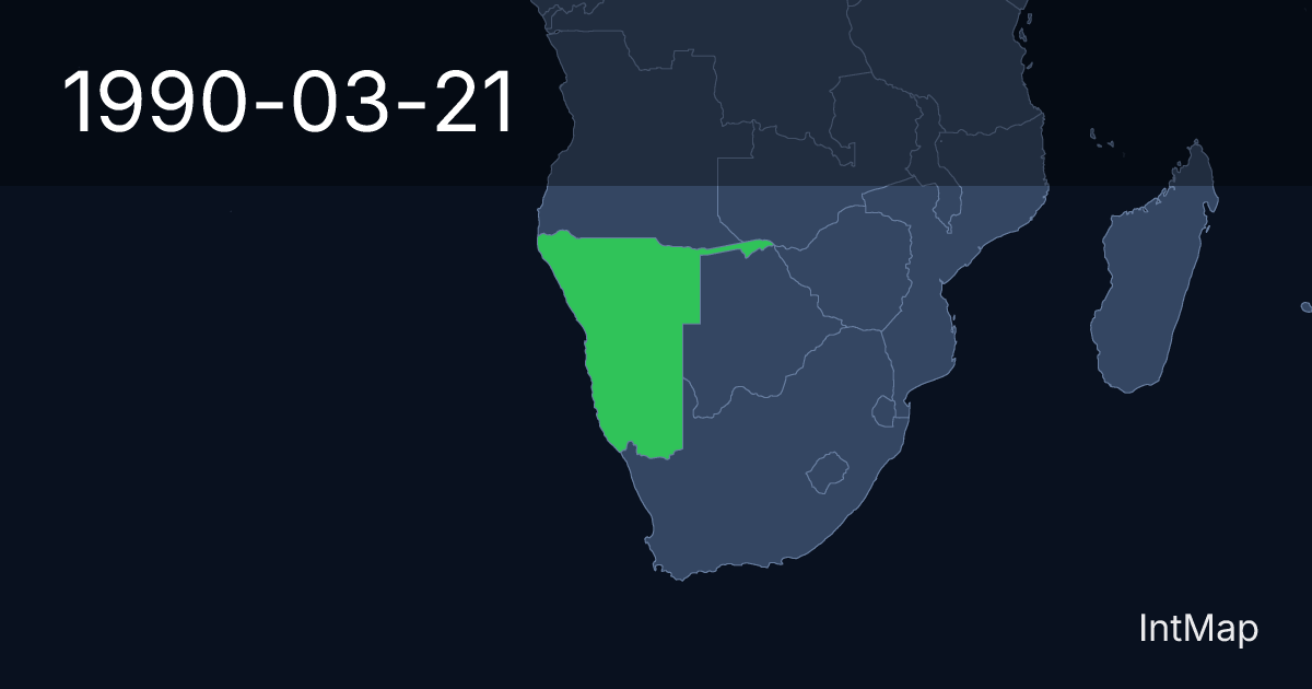 The map on 1990-03-21: The map begins drawing Namibia; the map stops drawing South West Africa (South Africa)