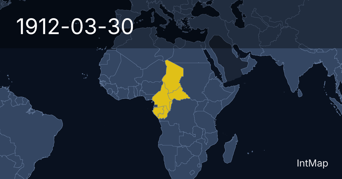 The map on 1912-03-30: New borders for Chad (France), Kamerun, Ubangi-Shari (France) and 2 more