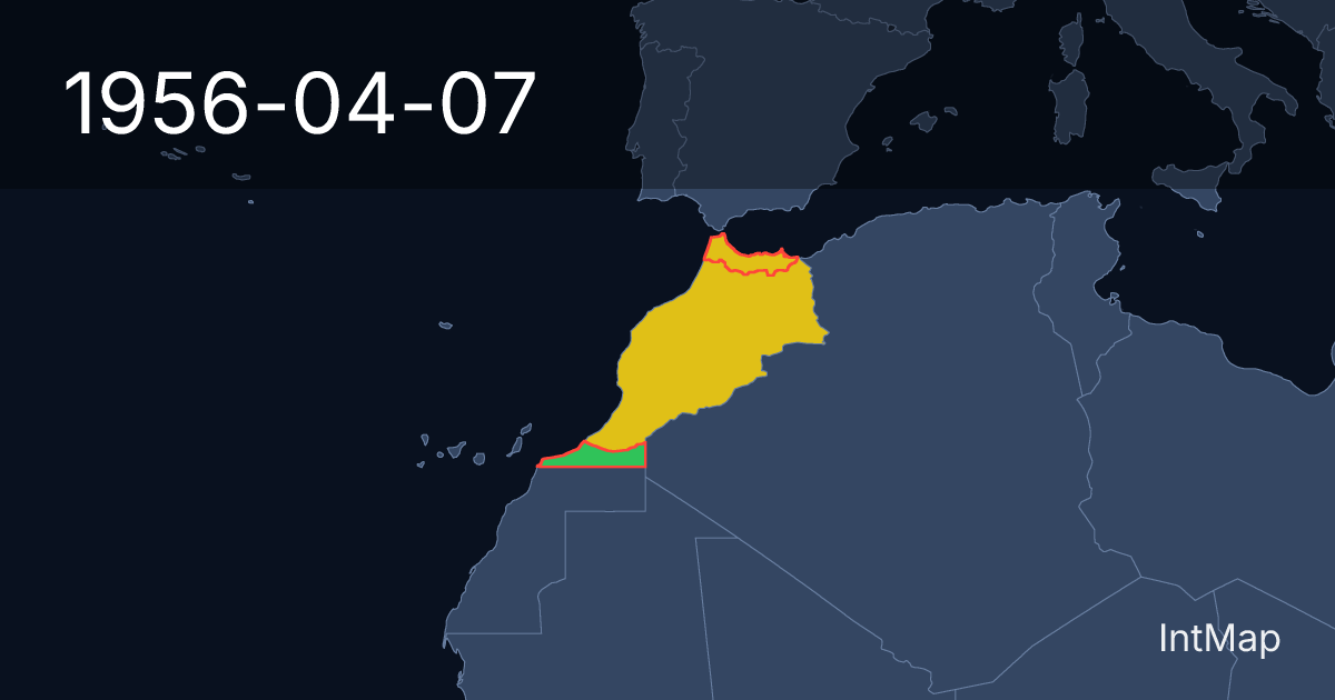 The map on 1956-04-07: The map begins drawing Southern zone of Spanish Morocco; the map stops drawing Spanish Morocco; new borders for Morocco