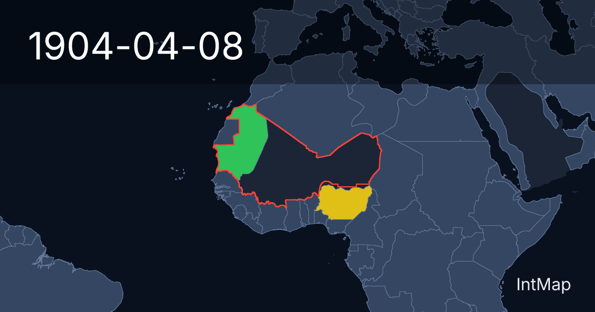 The map on 1904-04-08: The map begins drawing Mauritania (France); the map stops drawing French West Africa; new borders for Northern Nigeria (UK)