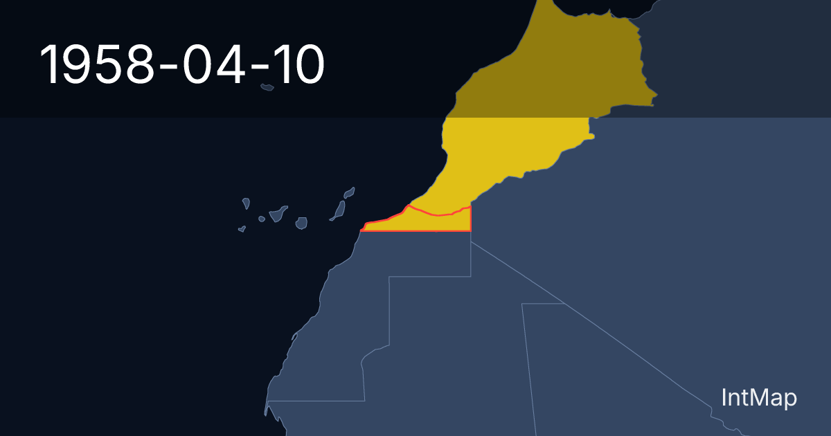 The map on 1958-04-10: The map stops drawing Southern zone of Spanish Morocco; new borders for Morocco