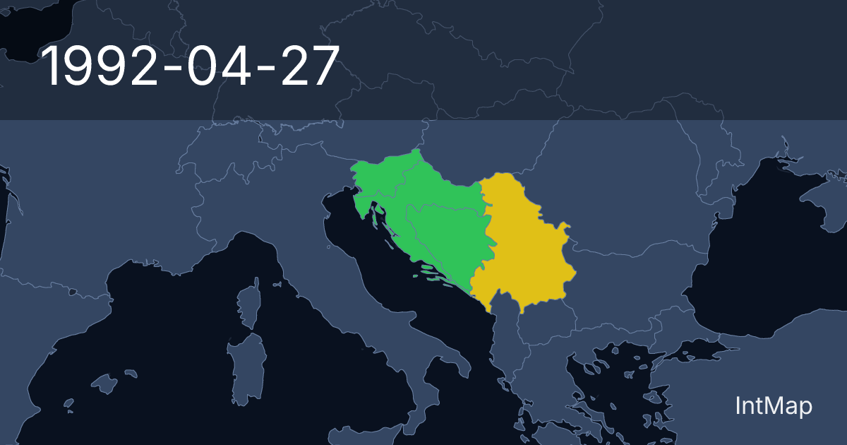 The map on 1992-04-27: The map begins drawing Croatia, Bosnia-Herzegovina, Slovenia; new borders for Yugoslavia (SFRY)