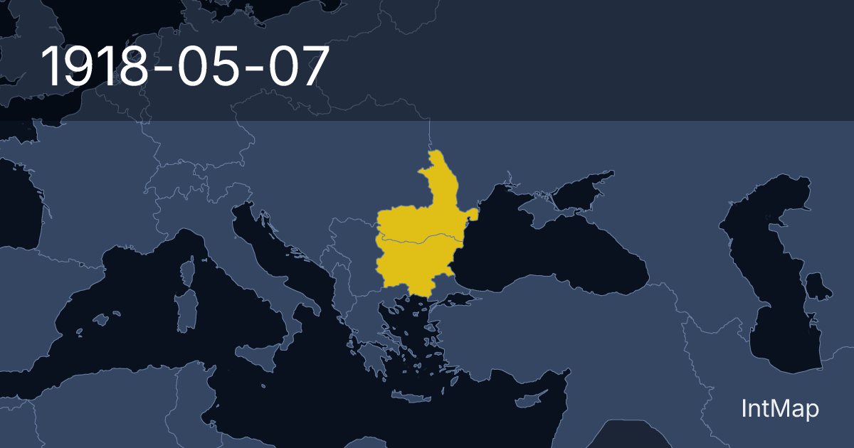 The map on 1918-05-07: New borders for Romania, Bulgaria