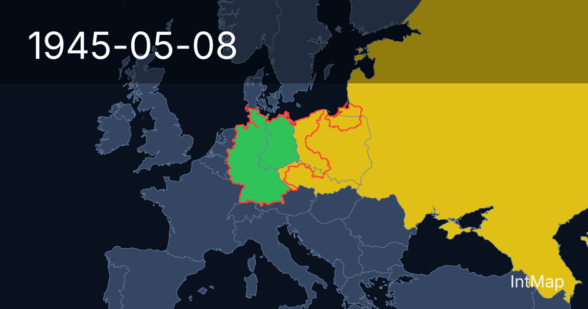 The map on 1945-05-08: The map begins drawing Germany (Western Allies), Germany (USSR); the map stops drawing Nazi Germany; new borders for Soviet Union, Poland, Czechoslovakia