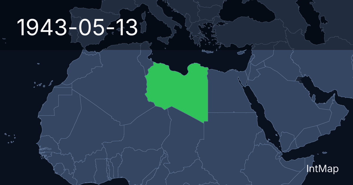 The map on 1943-05-13: The map begins drawing Libya (UK); the map stops drawing Libya (Italy)