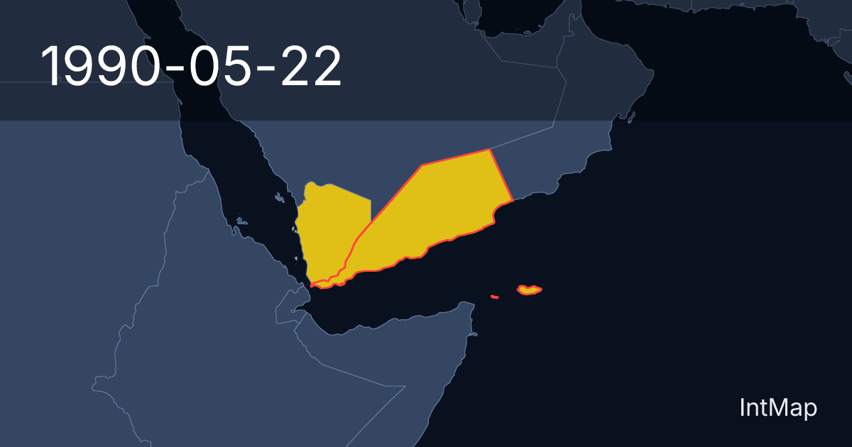 The map on 1990-05-22: The map stops drawing South Yemen; new borders for North Yemen