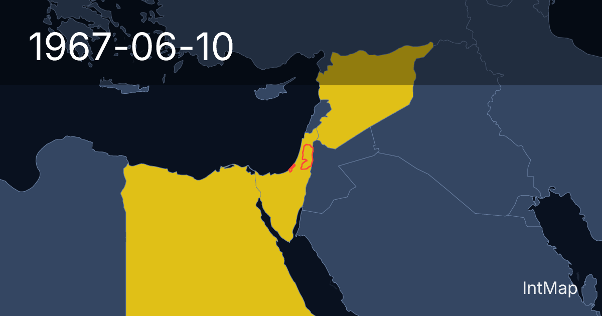 The map on 1967-06-10: The map stops drawing West Bank (Jordan), Gaza (Egypt); new borders for Egypt, Syria, Israel