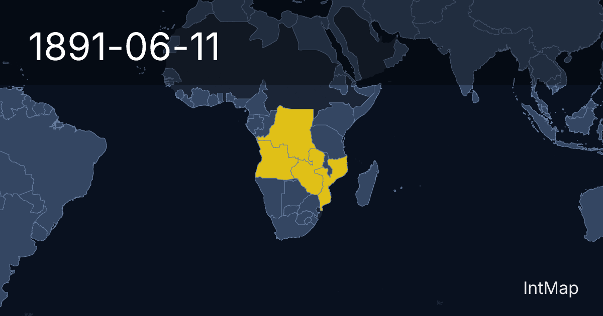The map on 1891-06-11: New borders for Congo Free State, Angola (Portugal), Southern Rhodesia (UK) and 1 more