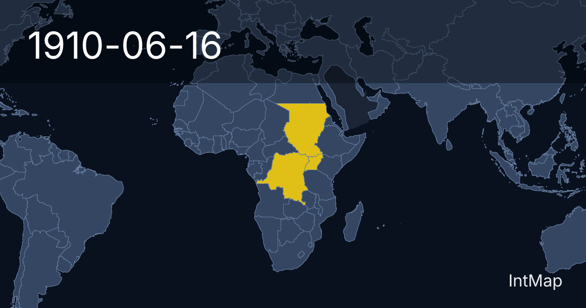 The map on 1910-06-16: New borders for Anglo-Egyptian Sudan, Belgian Congo (Belgium), Uganda (UK)