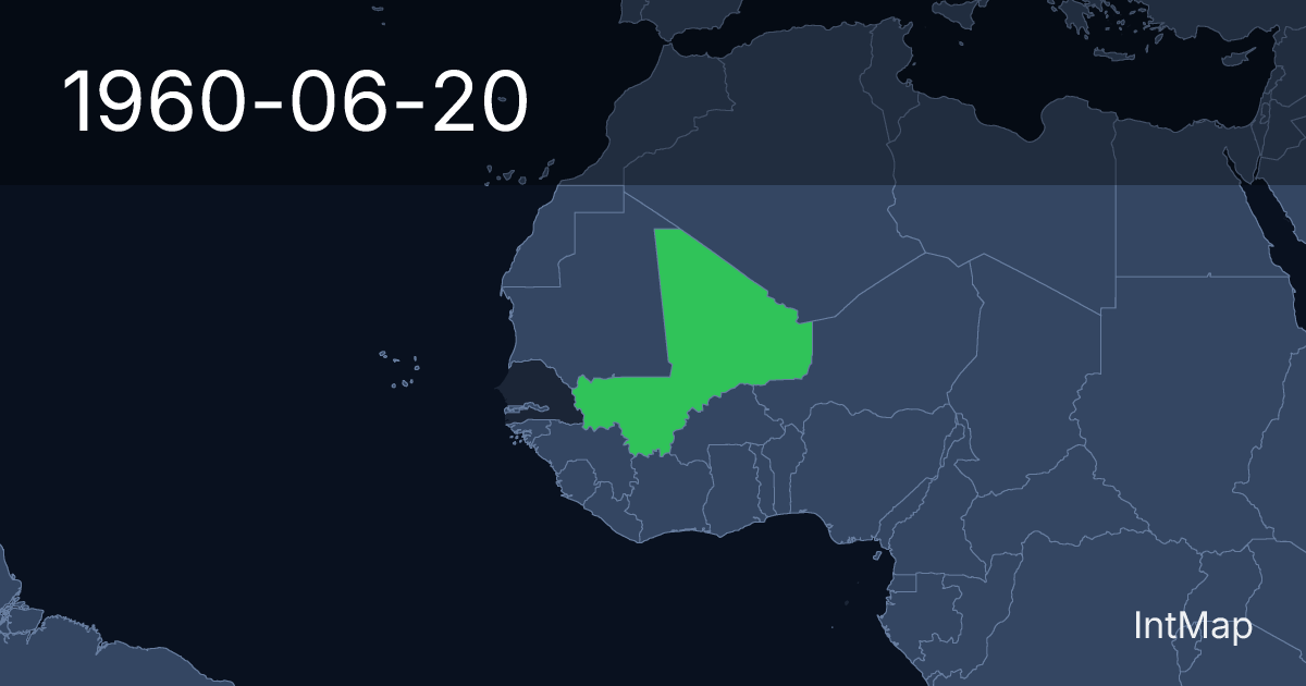 The map on 1960-06-20: The map begins drawing Mali; the map stops drawing French Sudan (France)