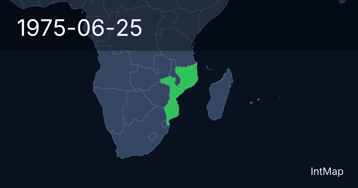 The map on 1975-06-25: The map begins drawing Mozambique; the map stops drawing Mozambique (Portugal)