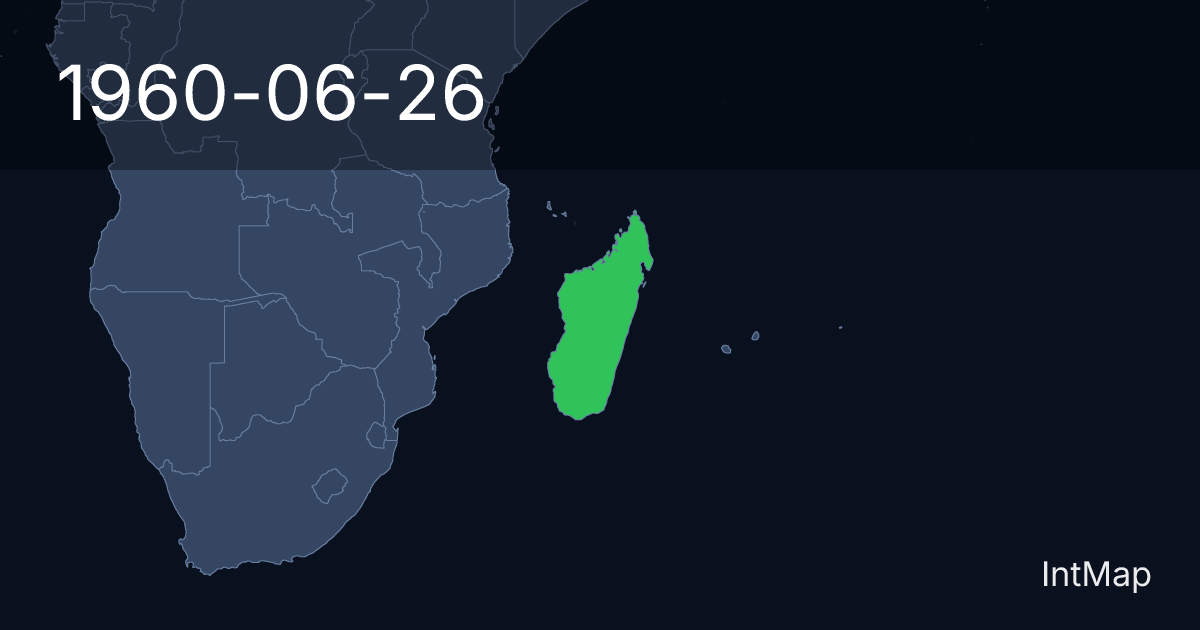 The map on 1960-06-26: The map begins drawing Madagascar; the map stops drawing Madagascar (France)