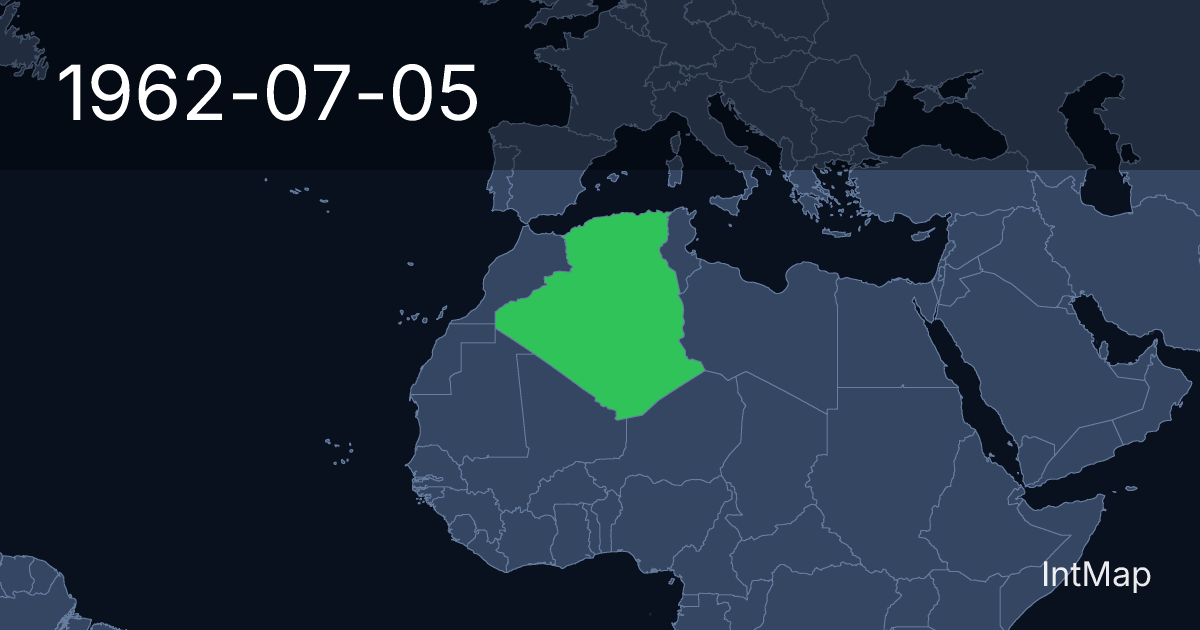 The map on 1962-07-05: The map begins drawing Algeria; the map stops drawing Algeria (France)