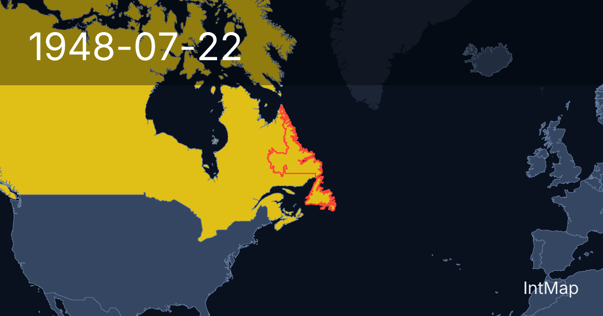 The map on 1948-07-22: The map stops drawing Newfoundland; new borders for Canada