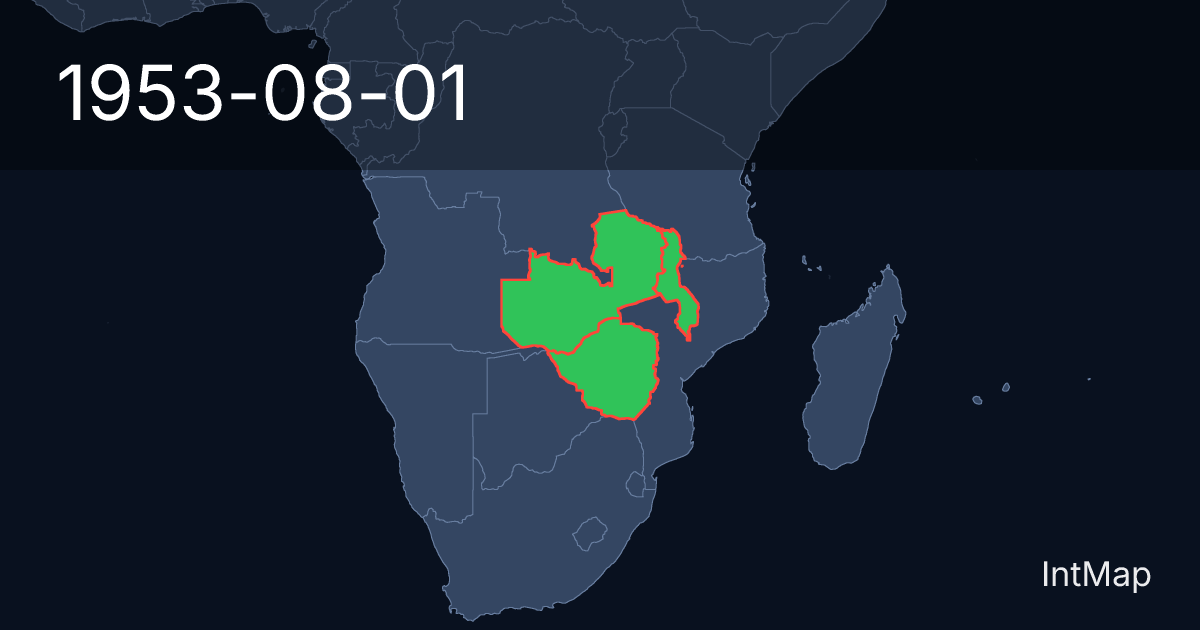 The map on 1953-08-01: The map begins drawing Federation of Rhodesia and Nyasaland; the map stops drawing Northern Rhodesia (UK), Southern Rhodesia (UK), Nyasaland (UK)