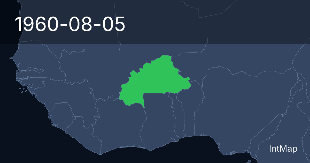 The map on 1960-08-05: The map begins drawing Upper Volta; the map stops drawing Upper Volta (France)