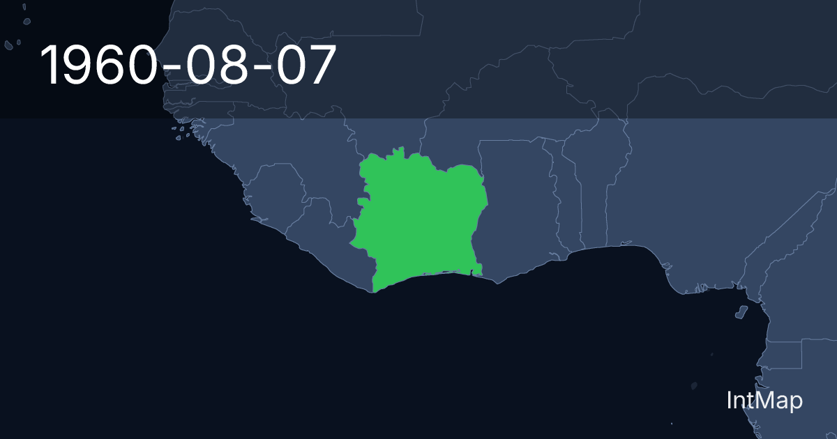 The map on 1960-08-07: The map begins drawing Cote D'Ivoire; the map stops drawing Cote d'Ivoire (France)