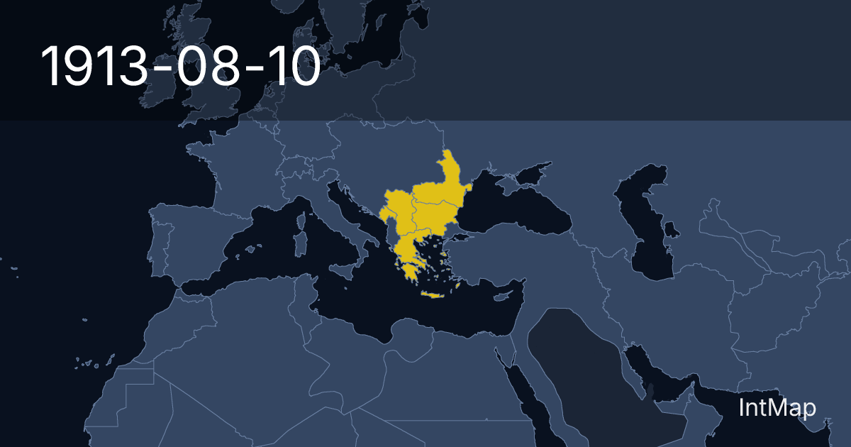 The map on 1913-08-10: New borders for Romania, Greece, Bulgaria and 2 more