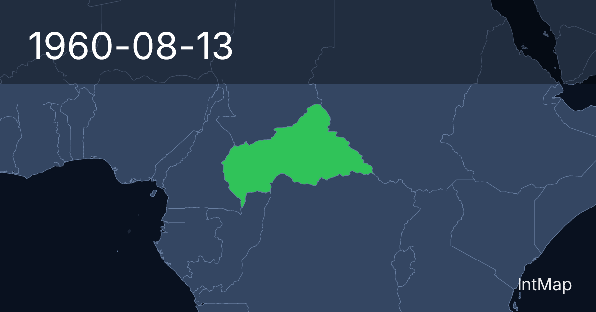 The map on 1960-08-13: The map begins drawing Central African Republic; the map stops drawing Ubangi-Shari (France)
