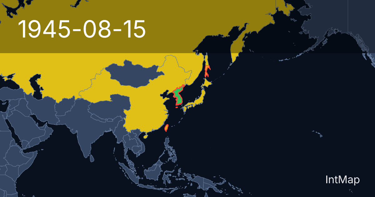 The map on 1945-08-15: The map begins drawing Korea (USSR), Korea (USA); the map stops drawing Korea (Japan), Taiwan (Japan), Karafuto (Japan); new borders for Soviet Union, Republic of China, Empire of Japan