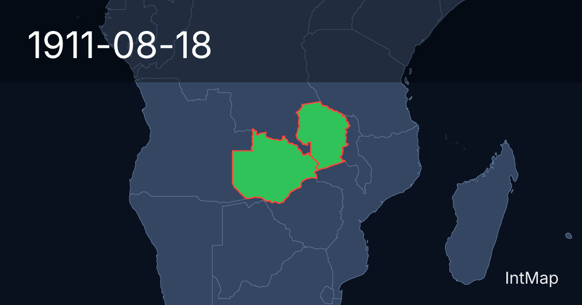 The map on 1911-08-18: The map begins drawing Northern Rhodesia (UK); the map stops drawing North-Western Rhodesia (UK), North-Eastern Rhodesia (UK)