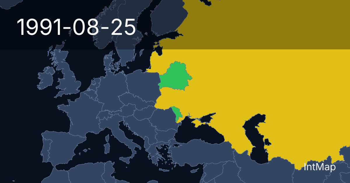 The map on 1991-08-25: The map begins drawing Belarus, Moldova; new borders for Soviet Union