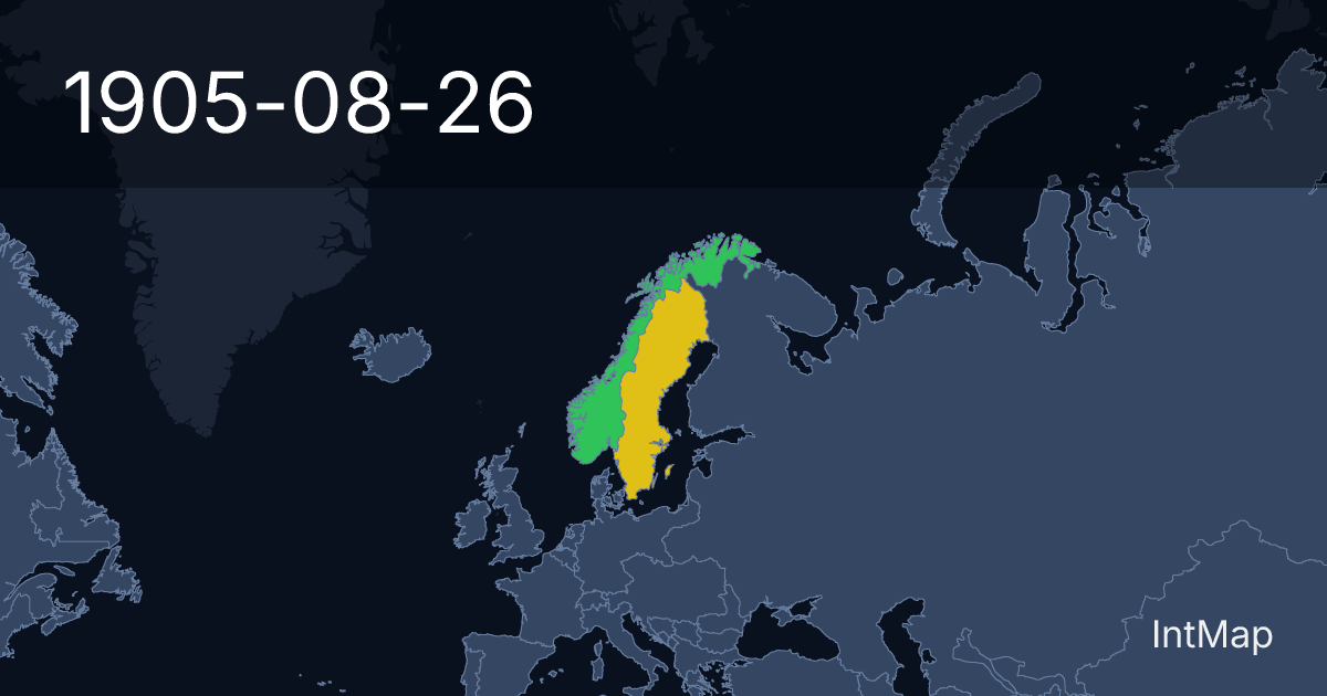 The map on 1905-08-26: The map begins drawing Norway; new borders for Sweden