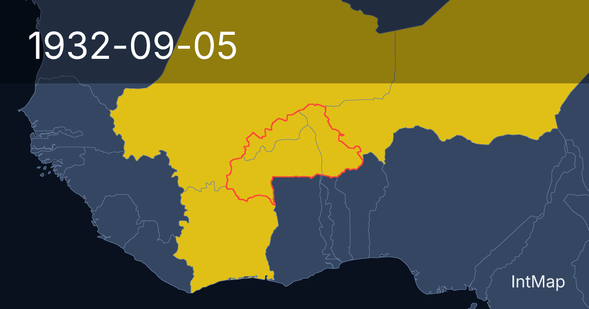 The map on 1932-09-05: The map stops drawing Upper Volta (France); new borders for French Sudan (France), Niger (France), Cote d'Ivoire (France)