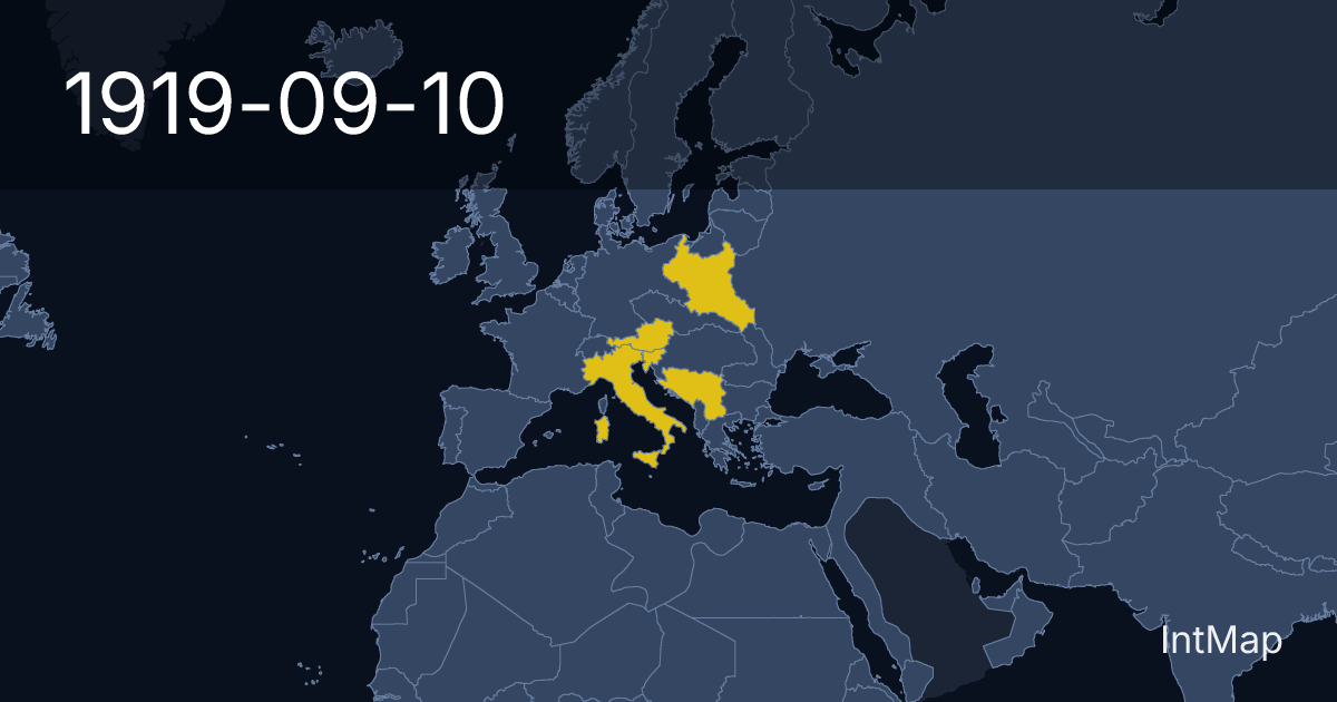 The map on 1919-09-10: New borders for Kingdom of Italy, Poland, Kingdom of Yugoslavia and 1 more