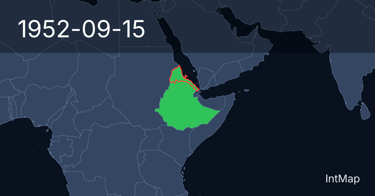 The map on 1952-09-15: The map begins drawing Ethiopia (incl. Eritrea); the map stops drawing Ethiopian Empire, Eritrea (UK)