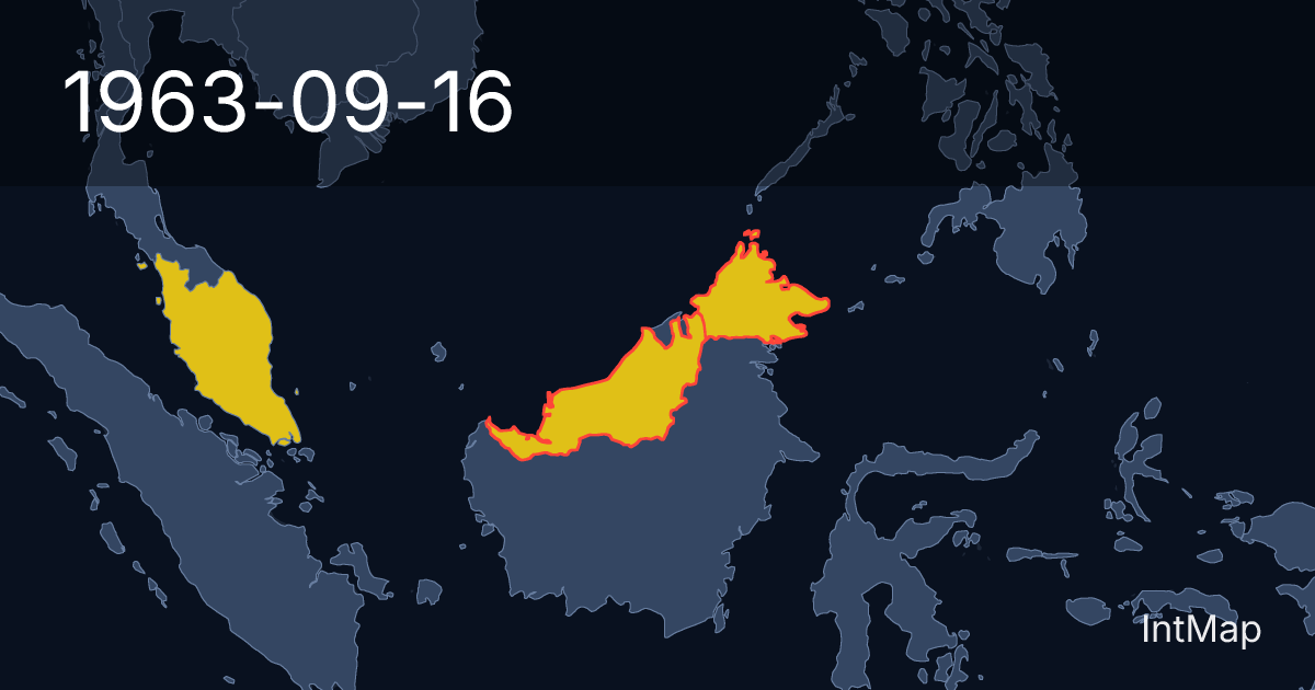 The map on 1963-09-16: The map stops drawing Sarawak (UK), North Borneo (UK); new borders for Malaya