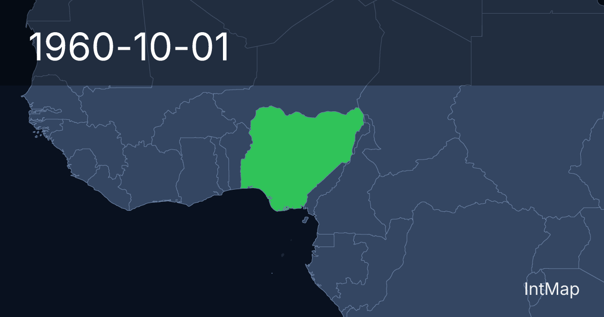The map on 1960-10-01: The map begins drawing Nigeria; the map stops drawing Nigeria (UK)