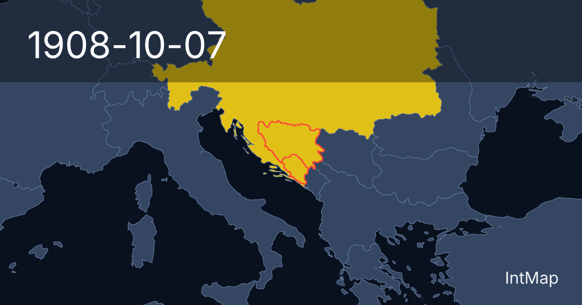 The map on 1908-10-07: The map stops drawing Bosnia (Austria-Hungary), Herzegovina (Austria-Hungary); new borders for Austria-Hungary