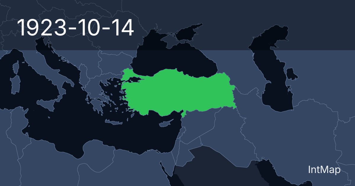 The map on 1923-10-14: The map begins drawing Turkey; the map stops drawing Ottoman Empire