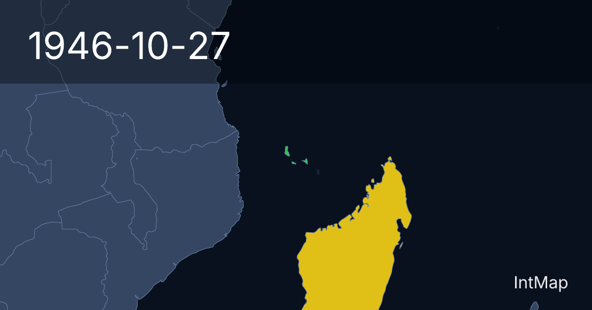 The map on 1946-10-27: The map begins drawing Comoros (France); new borders for Madagascar (France)