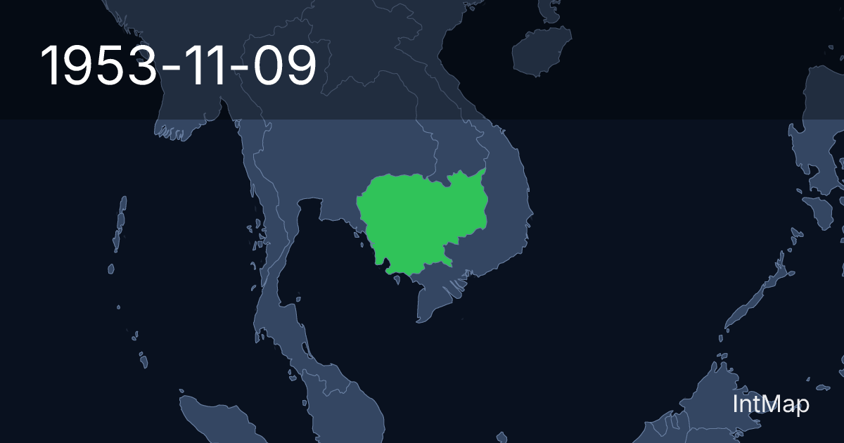 The map on 1953-11-09: The map begins drawing Cambodia; the map stops drawing Cambodia (France)