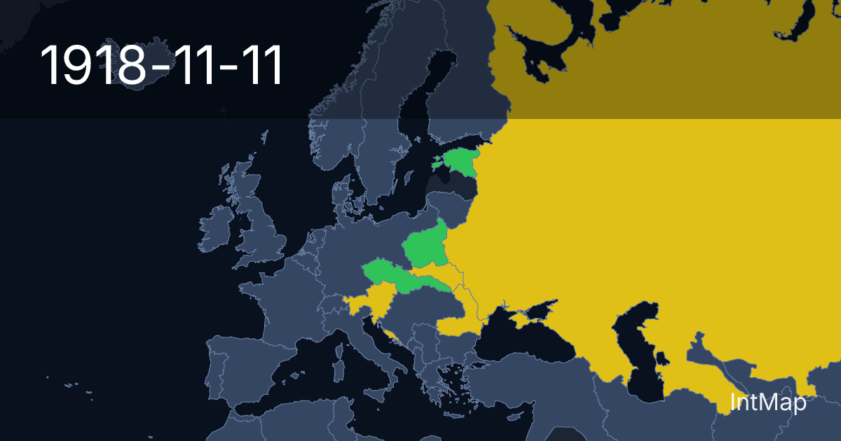 The map on 1918-11-11: The map begins drawing Czechoslovakia, Poland, Estonia; new borders for Soviet Russia (RSFSR), Austria, Romania