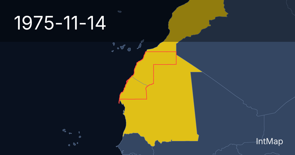 The map on 1975-11-14: The map stops drawing Spanish Sahara; new borders for Mauritania, Morocco