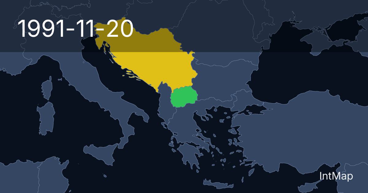 The map on 1991-11-20: The map begins drawing North Macedonia; new borders for Yugoslavia (SFRY)