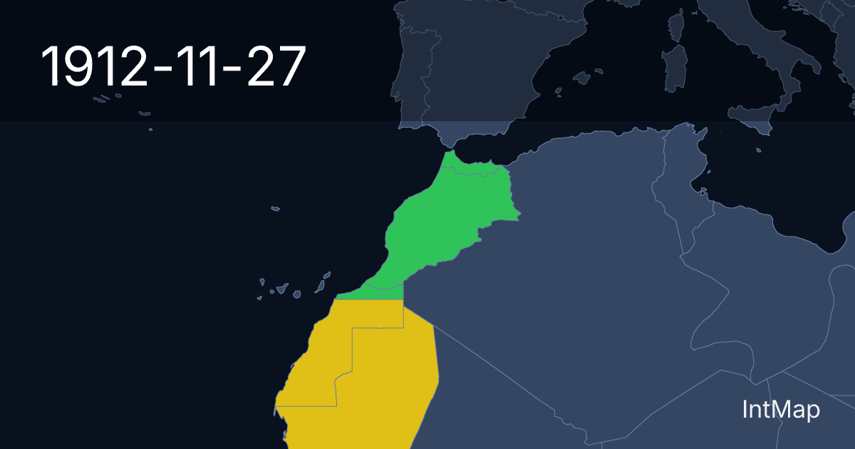 The map on 1912-11-27: The map begins drawing Morocco (France), Spanish Morocco; the map stops drawing Morocco; new borders for Mauritania (France), Spanish West Africa
