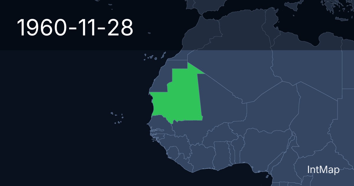 The map on 1960-11-28: The map begins drawing Mauritania; the map stops drawing Mauritania (France)