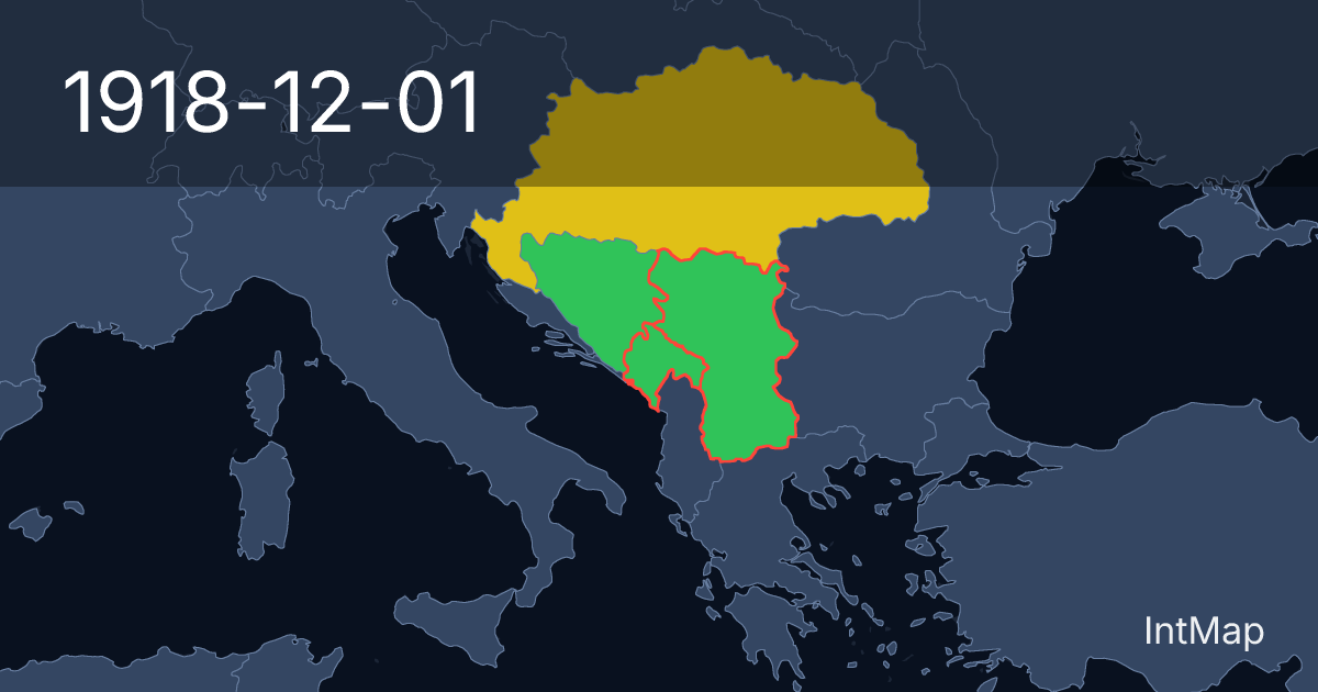 The map on 1918-12-01: The map begins drawing Kingdom of Yugoslavia; the map stops drawing Serbia, Montenegro; new borders for Hungary